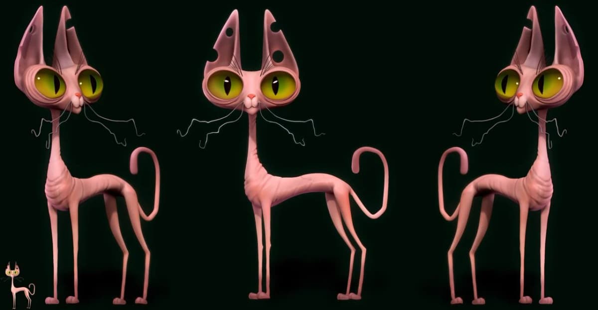 Ozone the cat, sculpted by Zina, shown in three views